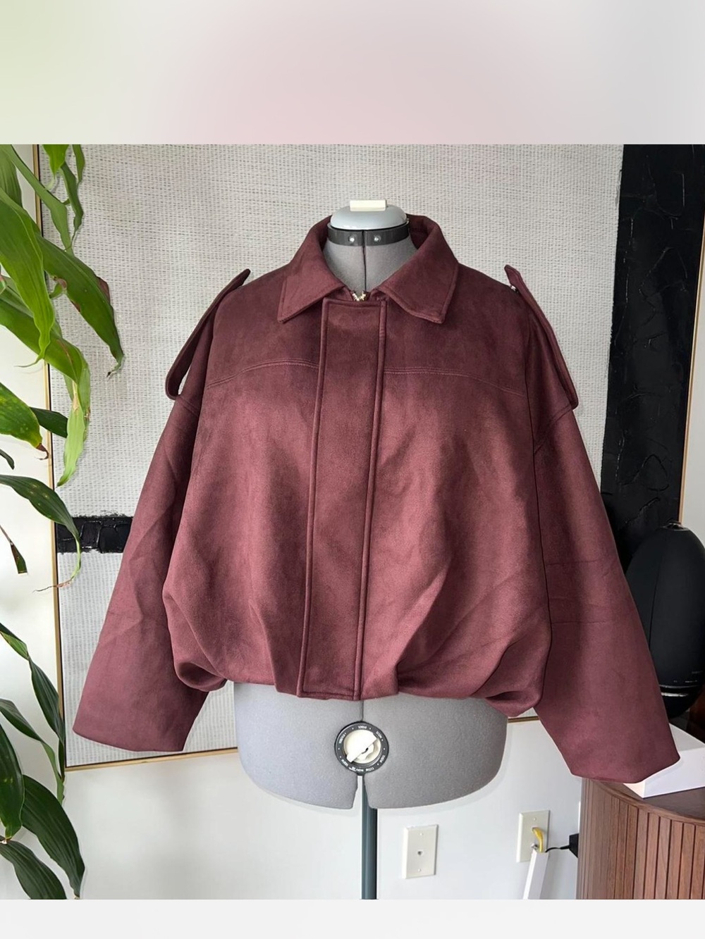 Women's Burgundy Suede-Look Boxy Jacket